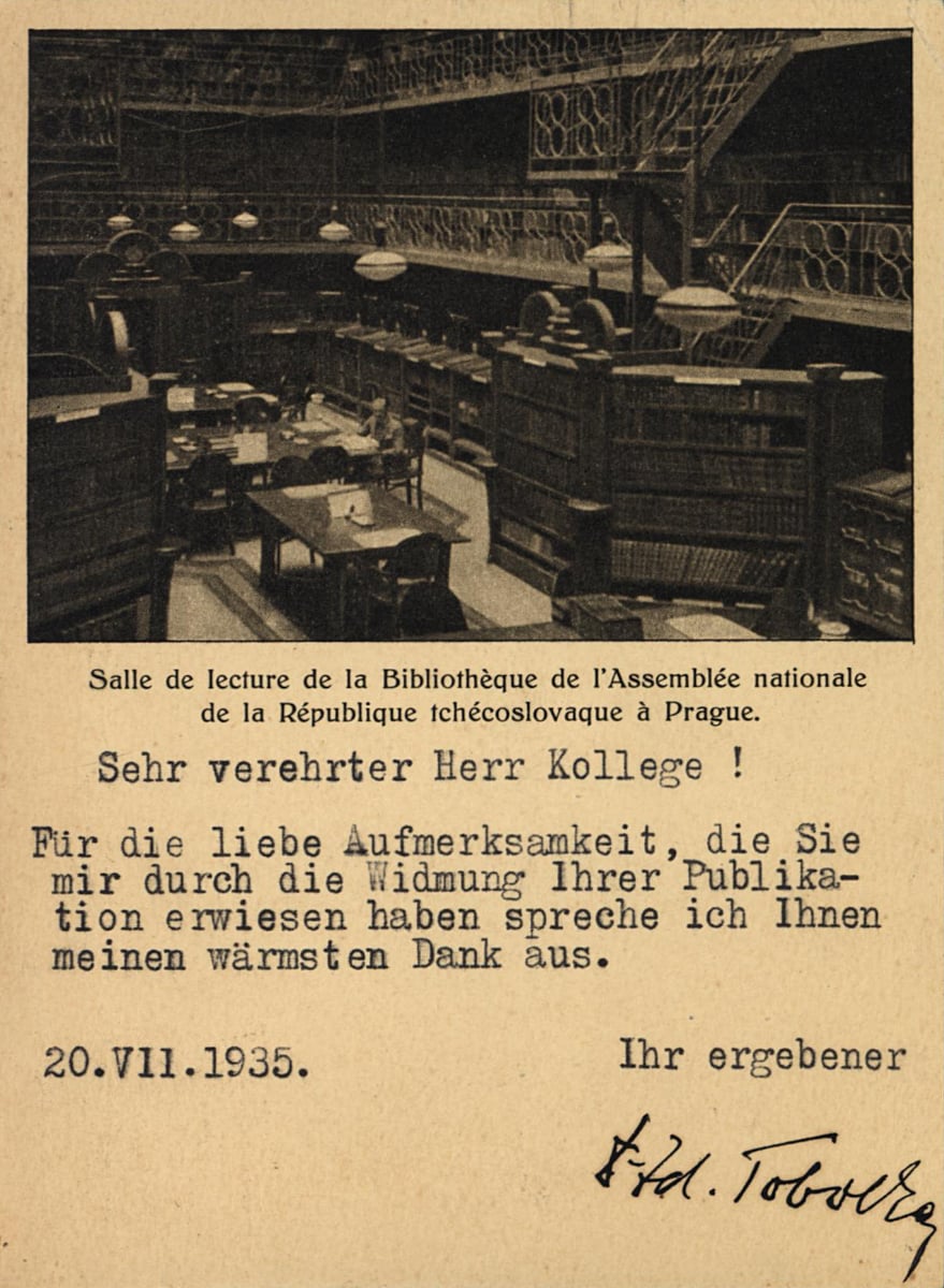Пощенска картичка от библиотеката на Народното събрание на Чехословакия, Прага, 20 юли 1935 г.